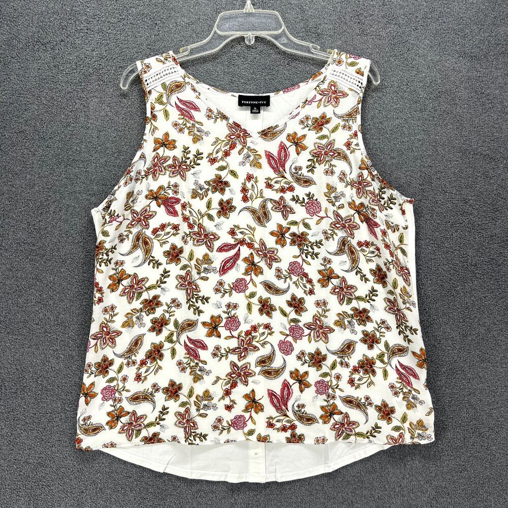 Fortune & Ivy Top Women XL White Floral Tank Blouse V‎ Neck Sleevless